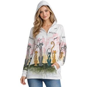 Jess & Jane Cat Print Zip Hoodie Jacket Womens Artsy Graphic Meow Cats Size L